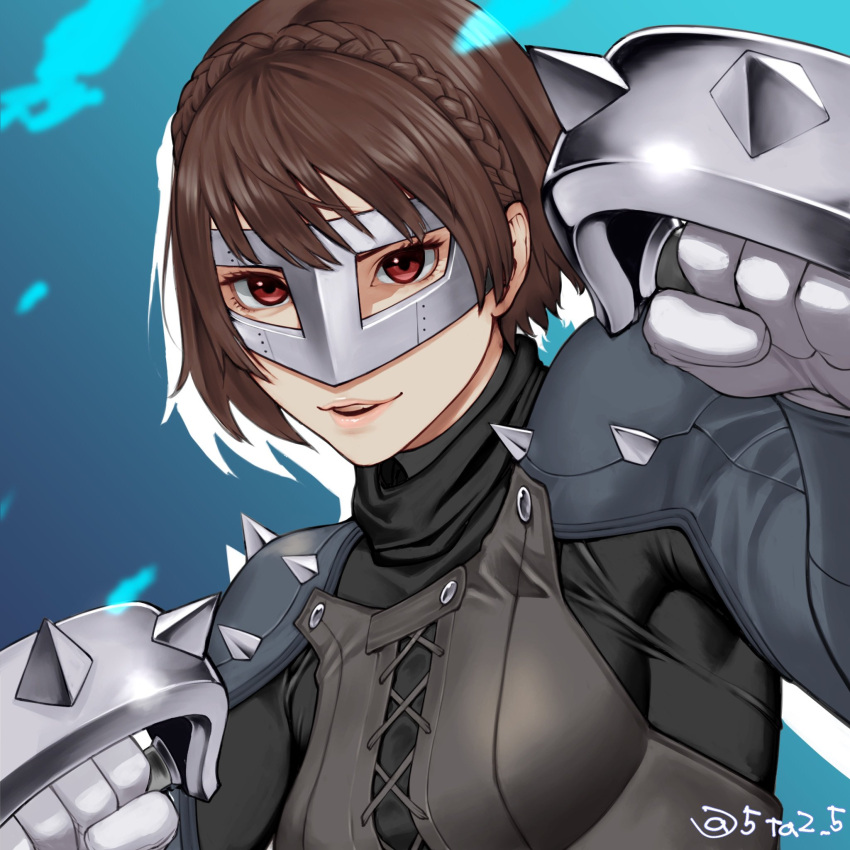 1girl 5tatsu black_bodysuit blue_background bodysuit braid breasts brown_hair cross-laced_clothes crown_braid fighting_stance gloves highres looking_at_viewer medium_breasts niijima_makoto parted_lips persona persona_5 red_eyes short_hair shoulder_spikes smile solo spiked_knuckles spikes steel_mask twitter_username upper_body white_gloves