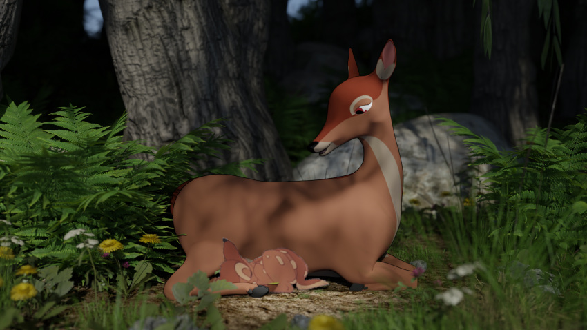 3d_(artwork) bambi bambi's_mother bambi_(film) blender_(software) capreoline deer digital_media_(artwork) disney doublestuffed duo female feral forest grass hi_res lying lying_on_ground male mammal mature_female mature_feral mother mother_and_child mother_and_son mule_deer outside parent parent_and_child plant quadruped son tree
