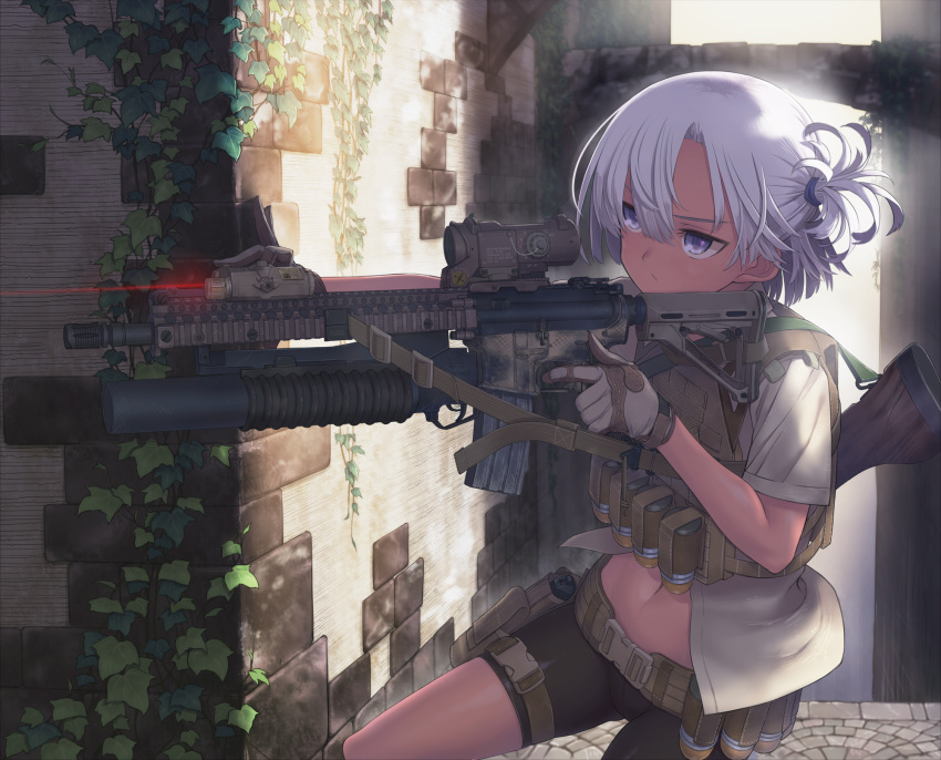 1girl aiming assault_rifle belt bike_shorts brown_gloves brown_shirt closed_mouth english_commentary explosive gloves grenade grenade_launcher gun gun_sling hair_between_eyes hand_on_wall handgun highres holster laser laser_sight leaf m203 m4_carbine medium_hair midriff navel one_side_up optical_sight original outdoors plant plate_carrier purple_eyes rifle samaru_(seiga) shirt short_sleeves solo thigh_holster underbarrel_grenade_launcher upper_body vines weapon white_hair