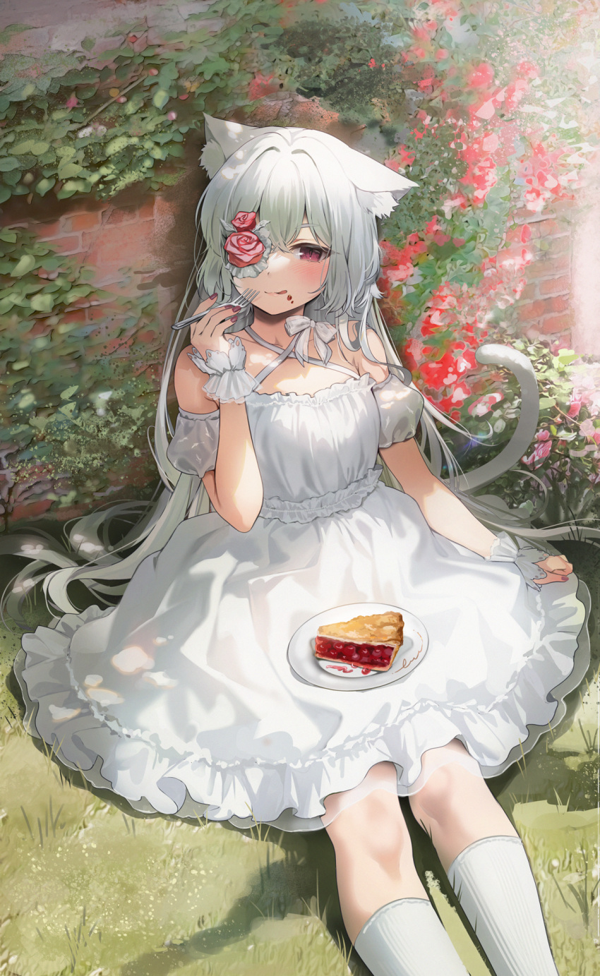 1girl animal_ear_fluff animal_ears arm_up bare_shoulders bow cake cat_ears cat_girl cat_tail closed_mouth detached_sleeves dress eyepatch flower flower_eyepatch food food_on_face fork frilled_dress frills gijang highres holding holding_fork kneehighs looking_at_viewer original outdoors pink_flower pink_rose plate puffy_short_sleeves puffy_sleeves purple_eyes rose scrunchie short_sleeves sitting sleeveless sleeveless_dress socks solo sunlight tail tongue tongue_out white_bow white_dress white_hair white_scrunchie white_socks wrist_scrunchie