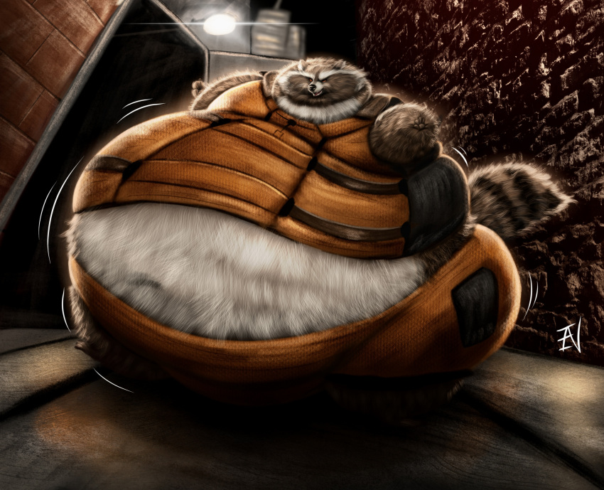 2023 alley anthro bloated clothed clothing fangs fur guardians_of_the_galaxy hi_res ian-exe immobile jumpsuit looking_at_viewer male mammal markings marvel morbidly_obese morbidly_obese_anthro morbidly_obese_male motion_lines obese obese_anthro obese_male open_mouth overweight overweight_anthro overweight_male procyonid raccoon ring_(marking) ringtail rocket_raccoon short_stack signature smile smiling_at_viewer solo street_lamp tail tail_markings teeth tongue