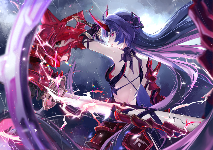 1girl arm_up armor armored_dress back back_cutout bare_shoulders black_dress breasts chinese_commentary clothing_cutout cloud cloudy_sky commentary_request dress electricity energy eyelashes facing_away floating_hair glowing glowing_eyes hair_between_eyes hair_ornament highres holding holding_sword holding_weapon honkai_(series) honkai_impact_3rd horns japanese_armor large_breasts long_hair looking_at_viewer looking_back night outdoors parted_lips profile purple_eyes purple_hair raiden_mei raiden_mei_(herrscher_of_thunder) rain red_horns redrawn shoulder_armor sideboob sidelocks sideways_glance sky sleeveless sleeveless_dress solo standing sword vardan very_long_hair weapon wet