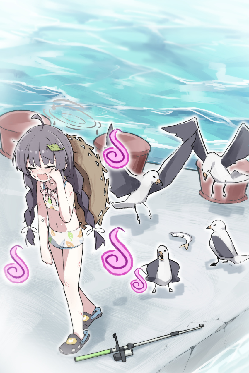 1girl absurdres ahoge bikini bird black_hair blue_archive braid crocs crying fish fishing_rod flat_chest halo hat hat_behind_back highres leaf leaf_on_head leaf_print miyu_(blue_archive) miyu_(swimsuit)_(blue_archive) mmhomm navel official_alternate_costume outdoors seagull solo straw_hat swimsuit teardrop twin_braids white_bikini