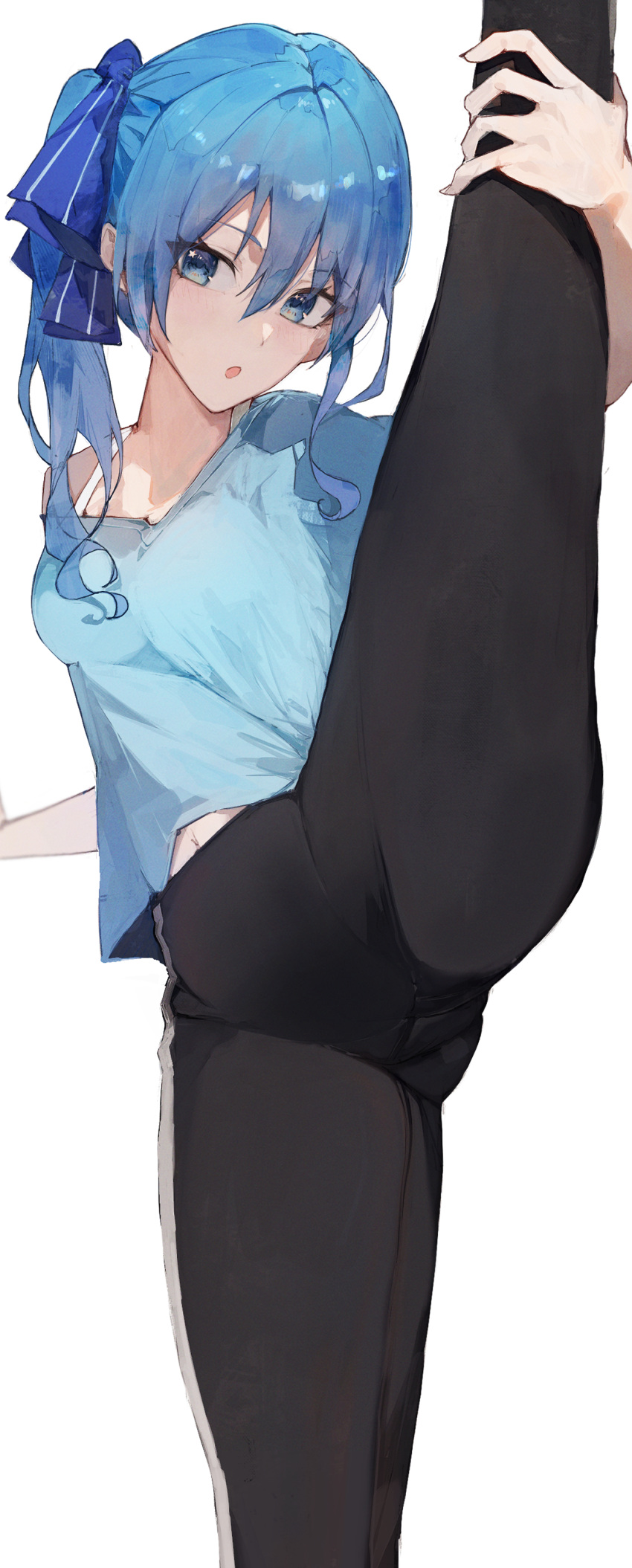 1girl absurdres black_pants blue_eyes blue_hair blue_shirt breasts highres hololive hoshimachi_suisei leg_lift leg_up long_hair looking_at_viewer open_mouth pants shirt side_ponytail simple_background small_breasts solo split standing standing_on_one_leg standing_split star_(symbol) star_in_eye symbol_in_eye virgo76612871 virtual_youtuber white_background yoga_pants