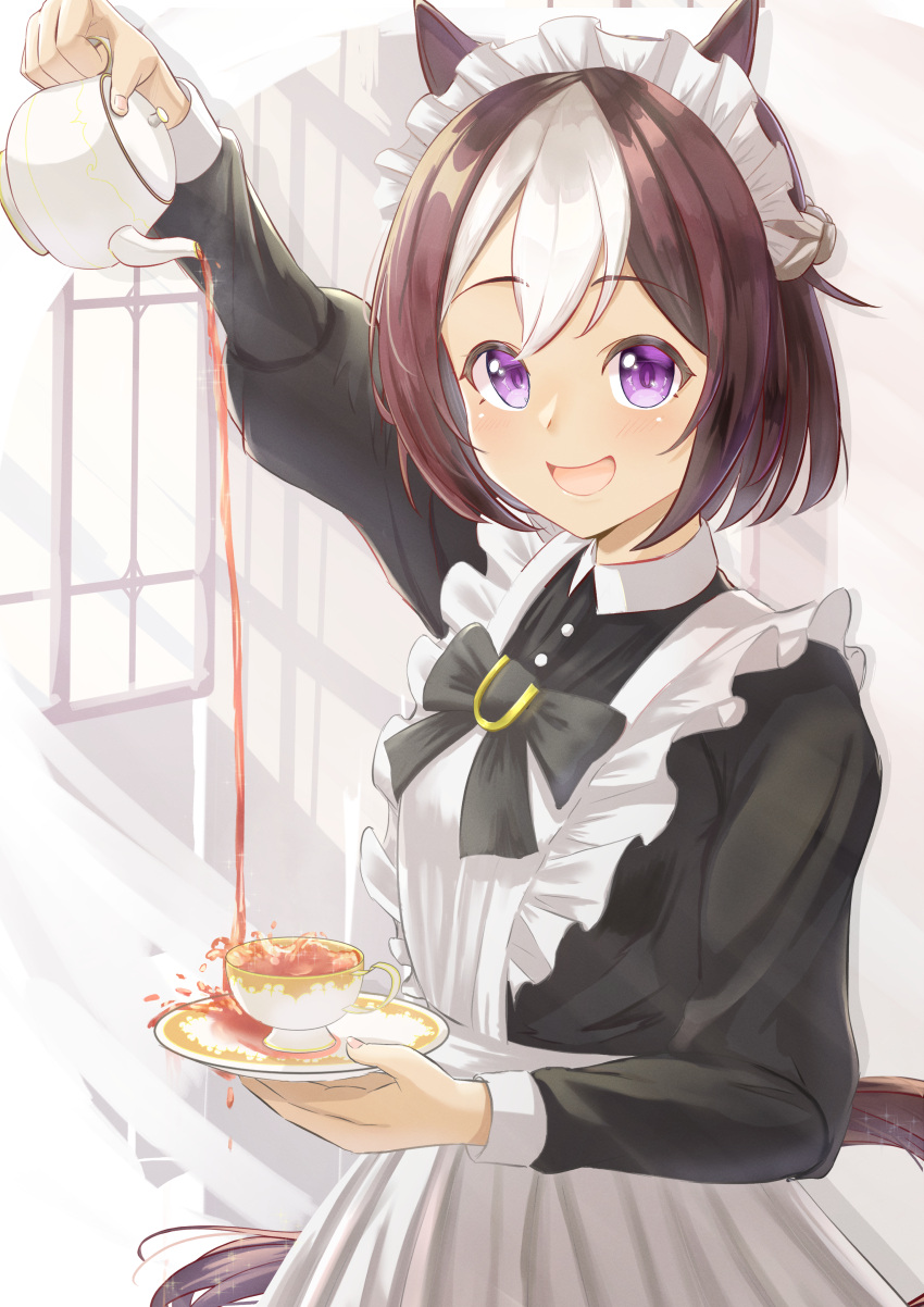 1girl absurdres alternate_costume animal_ears arm_up blush commentary_request cup enmaided hair_between_eyes hair_ornament highres holding holding_cup horse_ears horse_girl looking_at_viewer maid maid_headdress plate pouring purple_eyes ribbon shiranui_(jari_boy) solo special_week_(umamusume) teacup teapot umamusume window