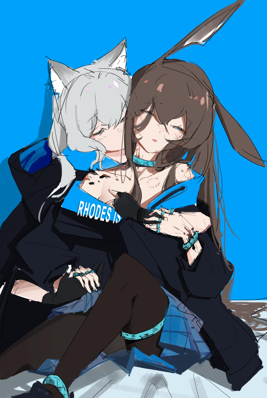 2girls absurdres amiya_(arknights) animal_ear_fluff animal_ears anklet arknights arm_around_waist bare_shoulders bed_sheet bite_mark bite_mark_on_chest bite_mark_on_shoulder black_footwear black_gloves black_hood black_jacket blue_anklet blue_background blue_bracelet blue_choker blue_skirt blush bracelet brown_hair brown_pantyhose cat_ears cat_girl chinese_commentary choker closed_eyes collarbone commentary_request covered_mouth double-parted_bangs facing_another facing_viewer fingerless_gloves flat_chest flustered foot_out_of_frame from_side gloves grey_hair hair_between_eyes hair_flowing_over hair_spread_out hand_on_another's_chest head_tilt heads_together highres holding_hands hood hood_down hooded_jacket hug hug_from_behind indoors infection_monitor_(arknights) jacket jewelry knee_up laowei long_hair long_sleeves multiple_girls multiple_rings nose_blush off_shoulder on_bed open_clothes open_jacket oripathy_lesion_(arknights) pantyhose parted_lips plaid plaid_skirt pleated_skirt ponytail puffy_long_sleeves puffy_sleeves rabbit_ears rabbit_girl resting ring rosmontis_(arknights) shadow shoes sidelocks simple_background sitting sketch skirt straight_hair thighlet upper_body variant_set very_long_hair yuri