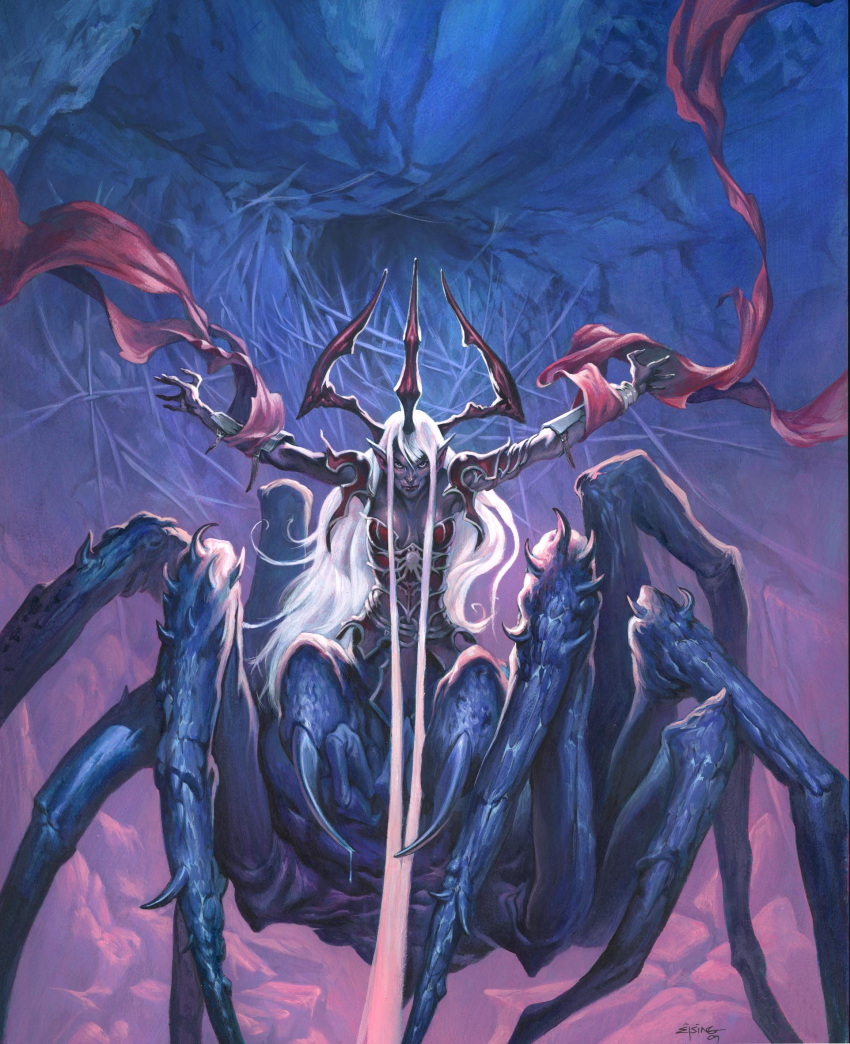 1girl arthropod_girl colored_skin dark_elf dungeons_and_dragons elf highres horns jesper_ejsing lolth long_hair looking_at_viewer pointy_ears purple_skin solo spider_girl very_long_hair