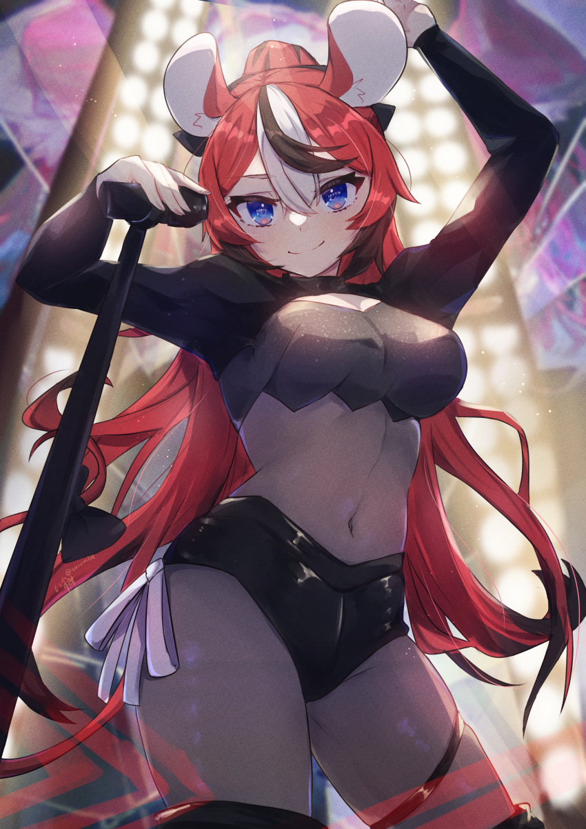1girl absurdres animal_ears arm_up black_hair blackberry_baelz blue_eyes bodystocking breasts covered_navel hakos_baelz highres hirasawa_izumi hololive hololive_english long_hair looking_at_viewer medium_breasts microphone microphone_stand mouse_ears mouse_girl mouse_tail multicolored_hair navel ponytail red_hair short_shorts shorts shrug_(clothing) smile streaked_hair tail thigh_strap virtual_youtuber white_hair