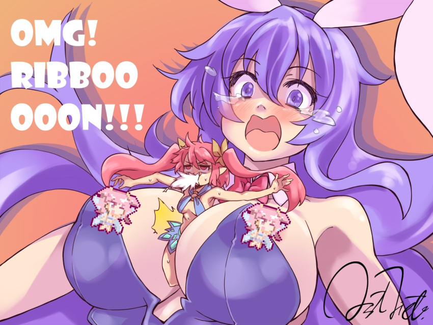 animal_ears between_breasts bow bowtie breasts censored cleavage crying detached_collar erina_(rabi-ribi) fairy gradient_background jiete large_breasts leotard open_mouth orange_background pink_eyes pink_hair playboy_bunny purple_eyes purple_hair purple_leotard rabbit_ears rabbit_girl rabi-ribi red_bow red_bowtie ribbon_(rabi-ribi) simple_background