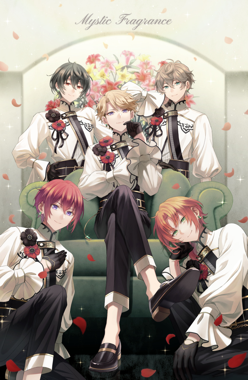 1other 4boys absurdres anemone_(flower) aqua_eyes armchair belt black_belt black_flower black_footwear black_gloves black_hair black_pants blonde_hair chair closed_mouth commentary corsage crossed_legs curtained_hair double-parted_bangs earrings english_commentary ensemble_stars! falling_petals feet_out_of_frame flower fragrance_(ensemble_stars!) frilled_sleeves frills full_body gem glint gloves green_eyes green_gemstone grey_hair hair_between_eyes half_gloves hand_on_own_arm hand_on_own_chest hand_on_own_hip hand_on_own_neck hand_to_own_mouth head_rest high-waist_pants highres indoors jacket jewelry knights_(ensemble_stars!) lily_(flower) loafers long_sleeves looking_at_viewer low_ponytail male_focus mandarin_collar medium_hair multiple_boys narukami_arashi on_one_knee orange_hair pants parted_bangs petals pink_flower purple_eyes red_eyes red_flower red_hair reflective_floor sakuma_ritsu sena_izumi_(ensemble_stars!) shirt shoes short_hair sitting smile song_name sparkle standing suou_tsukasa swept_bangs tsukinaga_leo white_jacket white_shirt xino yellow_flower