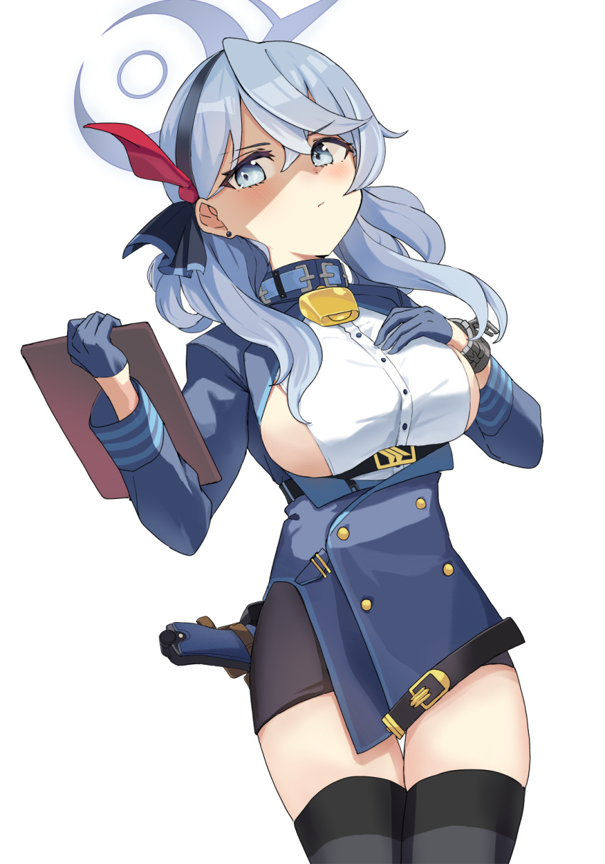 1girl ako_(blue_archive) black_skirt black_thighhighs blue_archive blue_eyes blue_hair blue_jacket breasts gun halo handgun highres inapple jacket large_breasts looking_at_viewer luger_p08 shirt skirt solo thighhighs thighs weapon white_shirt