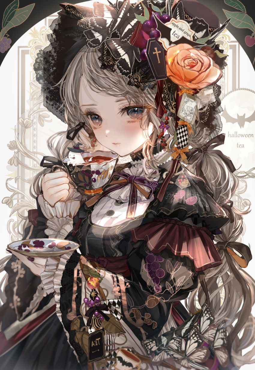 1girl :p apple blue_eyes bow bowtie bug butterfly coffin cup english_text expressionless floral_print flower food fruit ghost gothic gothic_lolita grape_print grapes grey_hair hair_bow halloween hat highres holding holding_cup holding_saucer komorihikki lolita_fashion original purple_bow purple_bowtie purple_nails rose saucer solo tea teacup tongue tongue_out twintails wide_sleeves witch_hat