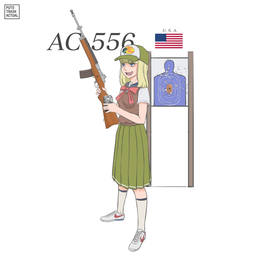 1girl absurdres american_flag artist_logo artist_name baseball_cap blonde_hair blue_eyes blue_sailor_collar blue_socks bow bowtie brown_sweater commentary commentary_request cross-laced_footwear english_commentary full_body green_headwear green_skirt gun hat highres holding holding_photo kneehighs location_name logo looking_at_object medium_hair mixed-language_commentary nike open_mouth original photo_(object) pink_bow pink_bowtie pleated_skirt print_headwear product_placement puto_trash rifle ruger_mini-14 sailor_collar shirt shoes simple_background single_stripe skirt socks solo standing striped sweater target_practice teeth tongue tongue_out two-tone_headwear two-tone_socks weapon weapon_name white_background white_footwear white_headwear white_shirt white_socks white_stripes