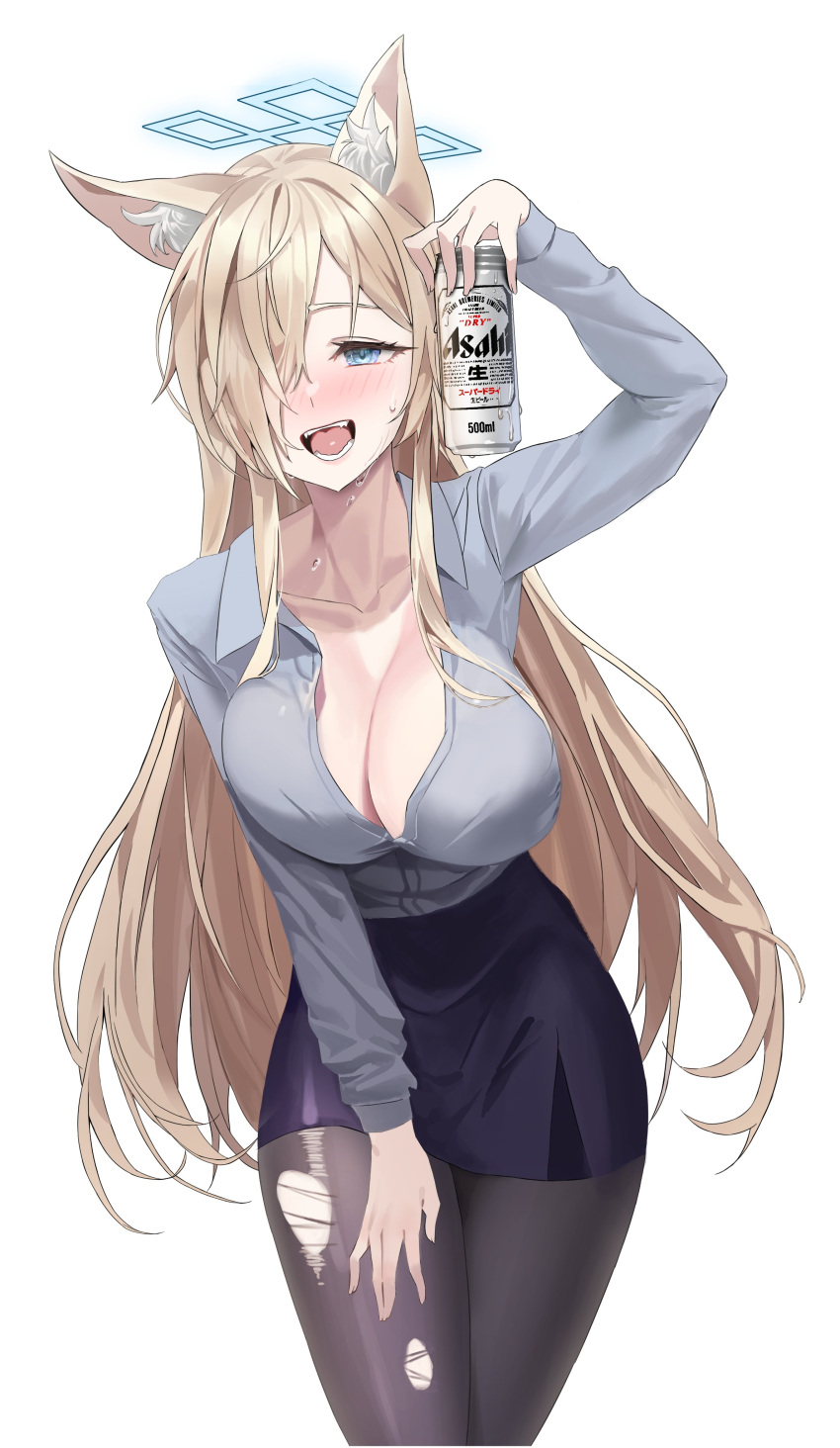 1girl absurdres alcohol animal_ear_fluff animal_ears asahi_breweries beer beer_can black_pantyhose black_skirt blonde_hair blue_archive blush breasts can cleavage collarbone collared_shirt drink espresso_1004 fangs fox_ears grey_shirt hair_over_one_eye halo hand_up highres holding holding_can holding_drink kanna_(blue_archive) long_hair long_sleeves looking_at_viewer one_eye_covered open_mouth pantyhose partially_unbuttoned shirt skirt solo sweat torn_clothes torn_pantyhose unbuttoned unbuttoned_shirt upper_body white_background
