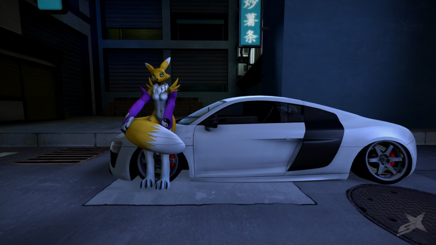 a2k alley anthro armwear audi bandai_namco breasts bridal_gauntlets canid canine car chest_tuft claws clothing digimon digimon_(species) dipstick_tail female fluffy fluffy_tail fox fur hi_res holding_tail mammal markings purple_markings renamon sitting_on_car solo tail tail_markings tuft vehicle white_body white_fur yellow_body yellow_fur