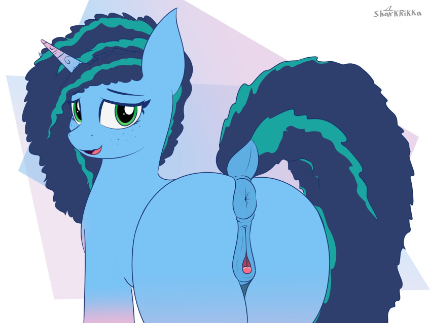 anatomically_correct anatomically_correct_anus anatomically_correct_genitalia anatomically_correct_pussy animal_genitalia animal_pussy anus blue_anus blue_body blue_fur blue_hair blue_mane blue_pussy blue_tail butt clitoral_winking clitoris digital_media_(artwork) dock equid equine equine_anus equine_genitalia equine_pussy female feral freckles fur genitals green_eyes hair hasbro hi_res horn mammal mane misty_(g5) mlp_g5 my_little_pony puffy_anus pussy raised_tail sharkrikka tail tail_aside unicorn