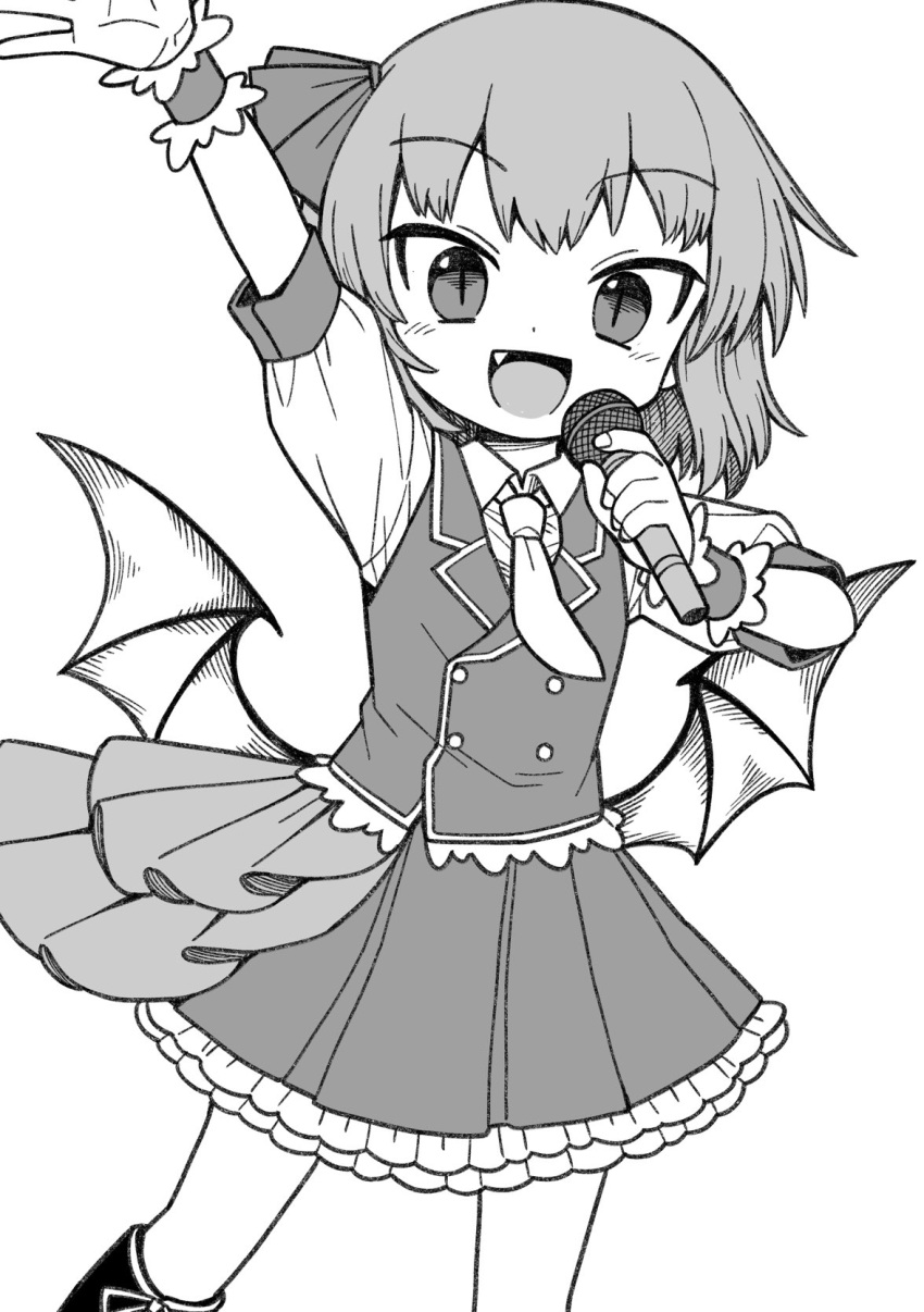 1girl arm_up bat_wings blush collared_shirt fang greyscale highres holding holding_microphone looking_at_viewer microphone monochrome necktie oninamako open_mouth remilia_scarlet shirt short_hair slit_pupils smile solo touhou wings