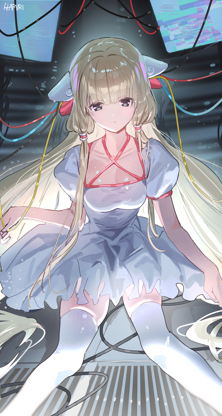 1girl absurdres breasts brown_hair cable chii chobits clamp_(circle)_(style) closed_mouth collarbone commentary_request dress feet_out_of_frame grey_eyes haruri highres long_hair looking_at_viewer medium_breasts puffy_short_sleeves puffy_sleeves short_sleeves sitting skindentation solo thighhighs very_long_hair white_dress white_thighhighs