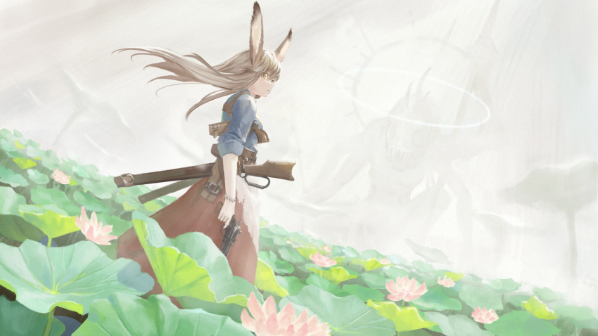 1girl animal_ears apron blue_shirt breasts brown_eyes brown_hair commentary_request day dutch_angle field finger_on_trigger floating_hair flower flower_field from_side giant gun halo handgun highres holding holding_gun holding_weapon holster holstered long_hair looking_to_the_side lotus lotus_leaf monster nature original pink_flower rabbit_ears rabbit_girl red_skirt rifle shirt shoulder_holster size_difference skirt sleeves_rolled_up solo_focus standing suzuke torn_apron torn_clothes waist_apron weapon white_apron