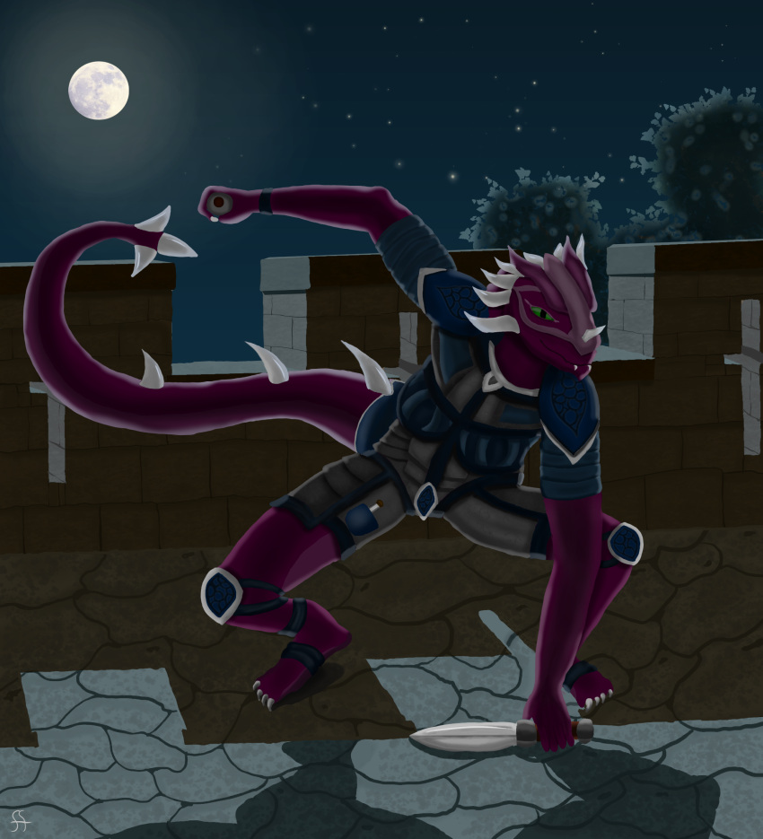 akryloth anthro assassin athletic breasts castle_wall clothing dragon female green_eyes hi_res light moon moonlight night purple_body scalie sky solo spikes star starry_sky tail weapon