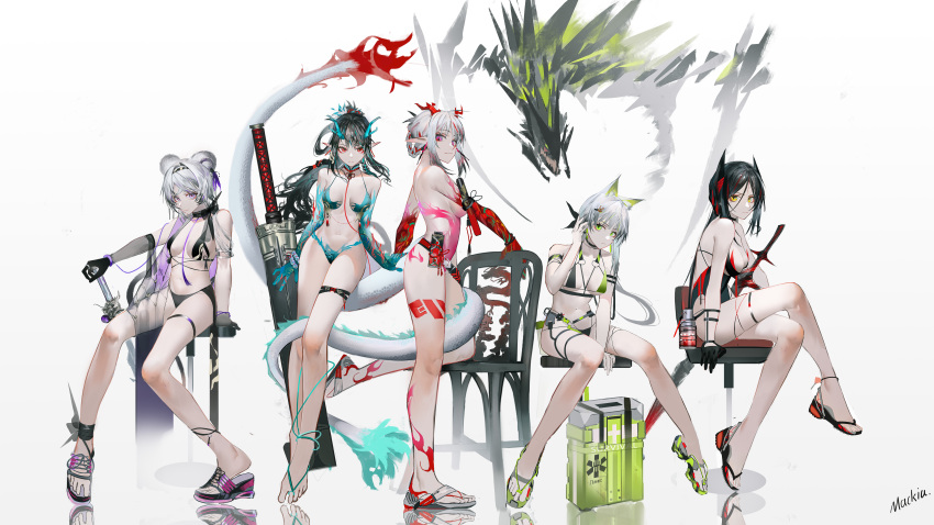 5girls absurdres amiya_(arknights) animal_ear_fluff animal_ears arknights bead_bracelet beads between_legs bikini black_bikini black_gloves black_hair bracelet braid breasts cameo cat_ears cat_girl chair cleavage crossed_legs cyrillic demon_horns dragon_girl dragon_horns dusk_(arknights) english_text extra_ears flame-tipped_tail gloves green_bikini green_eyes green_footwear grey_hair hair_ornament hairclip hand_between_legs highres horns ines_(arknights) jewelry kal'tsit_(arknights) large_breasts leg_tattoo lin_(arknights) long_hair looking_at_viewer mackia medium_breasts mouse_ears mouse_girl multicolored_hair multiple_girls navel nian_(arknights) o-ring o-ring_bikini pink_eyes pointy_ears ponytail purple_eyes red_bikini red_eyes ring sandals scabbard sheath short_hair siblings simple_background sisters sitting stool streaked_hair swimsuit sword tail_around_another's_leg tattoo two-tone_bikini weapon white_background white_hair yellow_eyes
