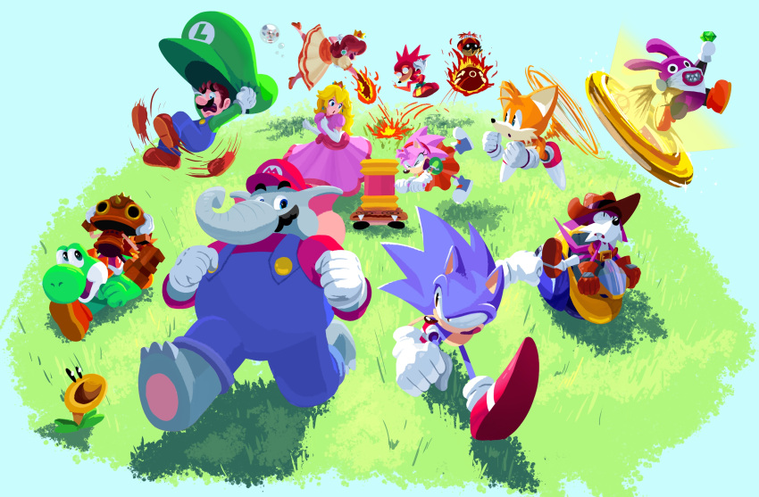 4girls 6+boys @_@ amy_rose blue_toad_(mario) cowboy_hat crossover dr._eggman elephant_mario facial_hair fang_the_sniper fire fire_daisy floating goomba grass hammer hat highres jewelry knuckles_the_echidna luigi mario_(series) multiple_boys multiple_girls mustache nabbit overalls pocho22059768 portal_(object) princess_daisy princess_peach ring robot running sonic_(series) sonic_superstars sonic_the_hedgehog super_mario_bros._wonder tails_(sonic) talking_flower_(mario) toad_(mario) trip_the_sungazer yoshi