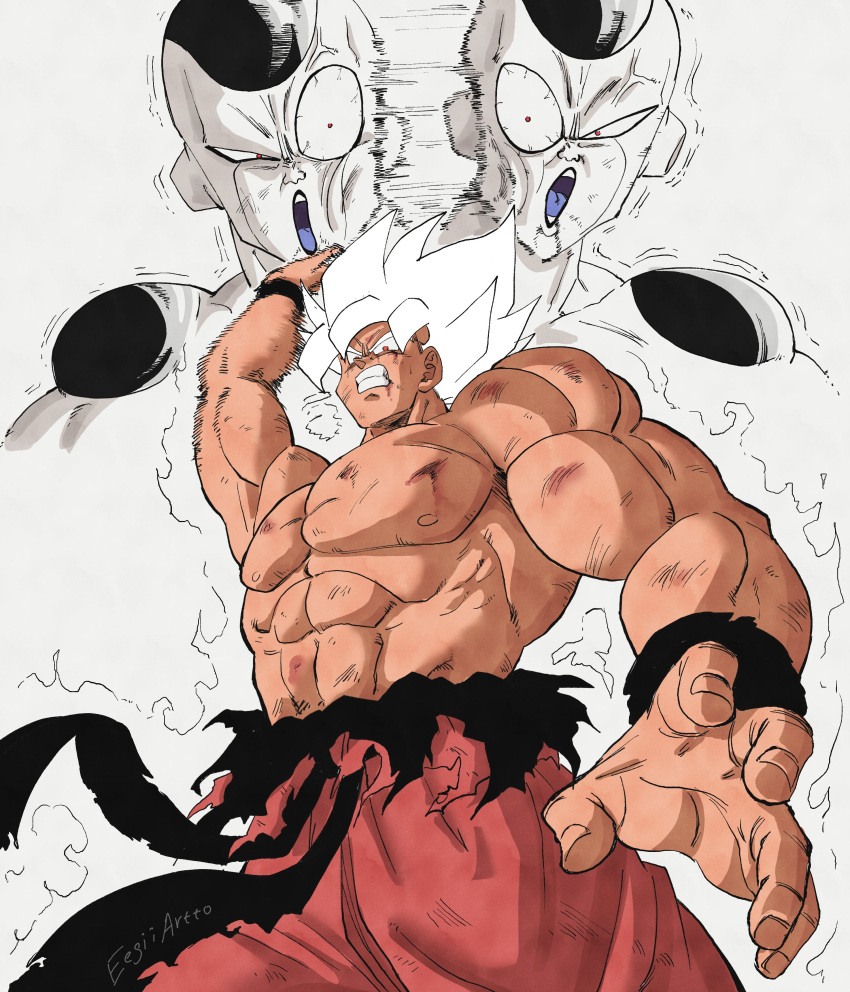 2boys absurdres afterimage angry artist_name aura belt bloodshot_eyes clenched_teeth commentary dragon_ball dragon_ball_z eegiiartto english_commentary frieza highres limited_palette male_focus motion_lines multiple_boys muscular muscular_male open_mouth orange_pants pants red_eyes scuffed simple_background slapping son_goku spiked_hair super_saiyan super_saiyan_1 teeth torn_belt v-shaped_eyebrows veins wristband