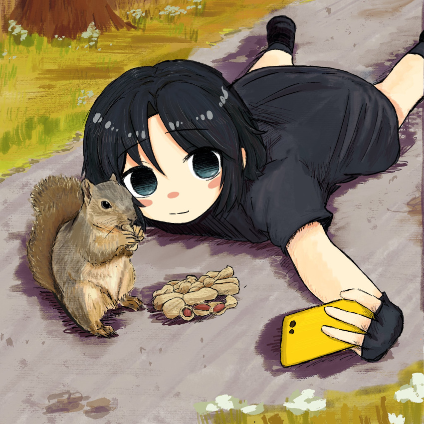 1girl animal black_gloves black_hair black_shirt blue_eyes bubbacterial cellphone character_request check_copyright copyright_request fingerless_gloves flower gloves grass highres holding holding_phone lying on_ground on_stomach original peanut phone selfie shirt short_hair smartphone squiggle squirrel tree white_flower