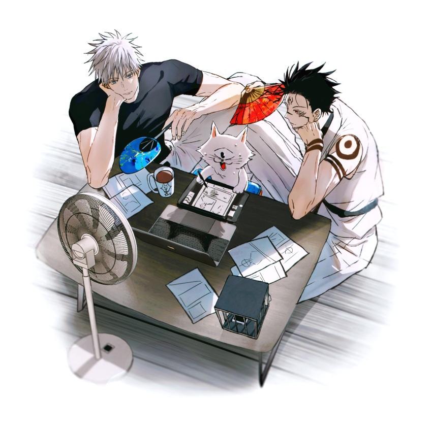 2boys absurdres akutami_gege_(avatar) black_hair black_shirt blue_eyes cat coffee cup dmsco1803 drawing drawing_tablet fushiguro_megumi gojou_satoru hand_fan highres holding holding_fan jujutsu_kaisen male_focus mug multiple_boys on_floor one-eyed paper red_eyes robe ryoumen_sukuna_(jujutsu_kaisen) shirt sitting sweatdrop table ventilation_fan white_robe wooden_floor