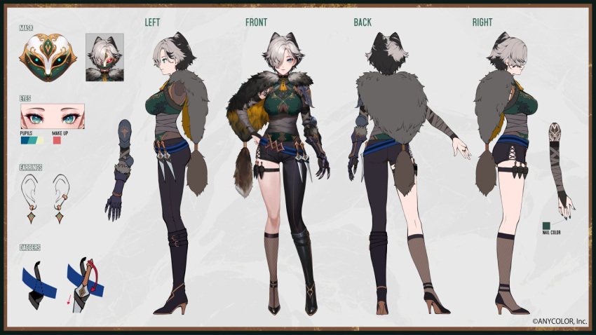 1girl animal_ears asymmetrical_legwear bandaged_arm bandages belt black_footwear black_hair blue_belt blue_eyes boots breasts bridal_gauntlets capelet claws color_guide copyright_name earrings ekao extra_ears fishnet_socks fishnets full_body fur_capelet fur_trim green_shirt grey_hair hair_over_one_eye hand_on_own_hip high_heels jewelry knife kunai kunai_nakasato large_breasts mask multicolored_hair multiple_views nail_polish nijisanji nijisanji_en official_art second-party_source shirt short_hair single_leg_pantyhose socks split-color_hair tachi-e thigh_strap two-tone_hair virtual_youtuber weapon