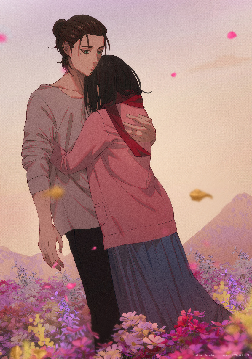 1boy 1girl absurdres black_hair blurry brown_hair chinese_commentary commentary_request depth_of_field eren_yeager field flower flower_field green_eyes hair_bun height_difference highres hug long_skirt mikasa_ackerman mountain niku_(ni23ku) petals pleated_skirt red_scarf scarf shingeki_no_kyojin single_hair_bun skirt