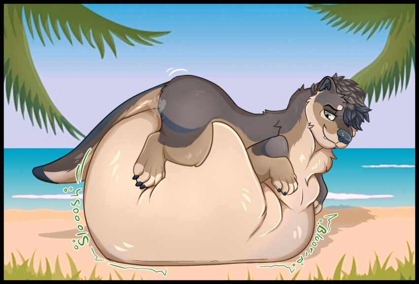 2022 5_fingers 5_toes after_vore anthro beach belly big_belly brown_body brown_fur claws feet feral fingers fur fynn_(typoo) grass green_eyes huge_belly immobile lidded_eyes looking_at_belly looking_down_at_self lying male mammal motion_lines mustelid on_front otter overweight overweight_anthro palm_tree plant sand scribblekibbles seaside sky sloshing_belly solo sound_effects tan_belly toes tree vore water watermark