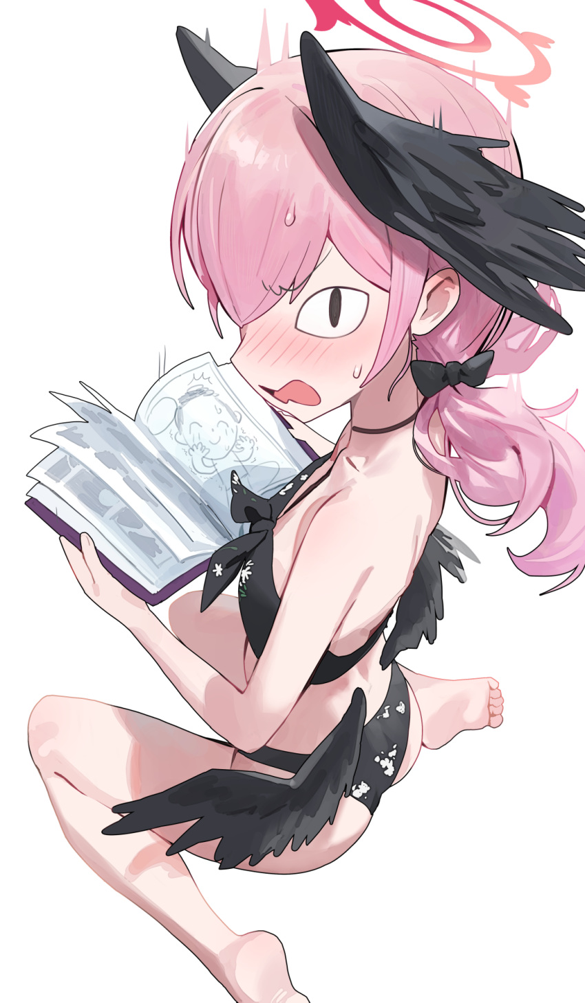 1girl bare_shoulders bikini black_bikini black_wings blue_archive blush breasts feathered_wings halo head_wings highres hood_(james_x) koharu_(blue_archive) koharu_(swimsuit)_(blue_archive) long_hair looking_at_viewer manga_(object) official_alternate_costume open_mouth pink_hair sitting small_breasts solo swimsuit wariza wings