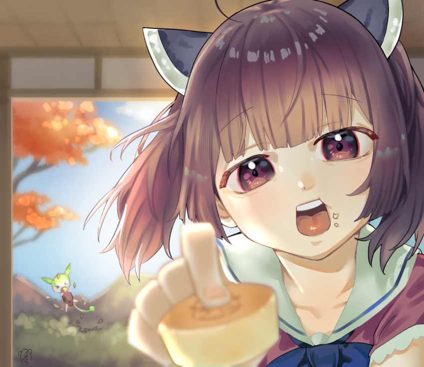 1girl alternate_costume asumo_arare autumn_leaves blue_bow blue_bowtie blue_sky blurry blurry_background blurry_foreground bow bowtie brown_hair commentary_request creature day eating floating floating_hair food food_on_face food_request head_tilt headgear holding holding_food incoming_food indoors looking_at_viewer medium_hair mountainous_horizon purple_eyes red_shirt sailor_collar shirt short_sleeves sky solo sweet_potato touhoku_kiritan twintails upper_body veranda voiceroid white_sailor_collar zundamon