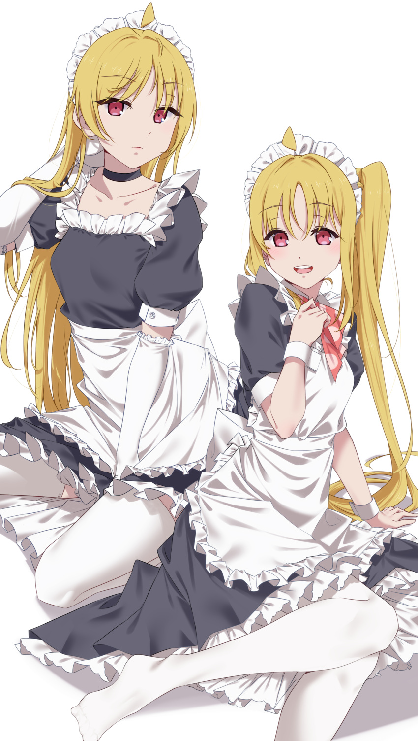 2girls :d absurdres adjusting_hair alternate_costume apron arm_support between_legs black_choker black_dress blonde_hair bocchi_the_rock! bow bowtie choker closed_mouth collarbone detached_ahoge dress elbow_gloves enmaided gloves hand_between_legs hand_up highres ijichi_nijika ijichi_seika long_hair looking_at_viewer maid maid_apron maid_headdress multiple_girls red_bow red_bowtie red_eyes short_sleeves side_ponytail sitting smile straight_hair teeth thighhighs upper_teeth_only very_long_hair wariza white_apron white_background white_gloves white_thighhighs white_wrist_cuffs yamaori_(yamaorimon) yokozuwari