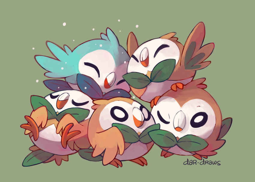 2017 ambiguous_gender beak brown_body brown_feathers darmp feathered_wings feathers feral full-length_portrait generation_7_pokemon green_background group hi_res multicolored_body multicolored_feathers nintendo pokemon pokemon_(species) portrait rowlet shiny_pokemon signature simple_background two_tone_body two_tone_feathers white_body white_feathers wings