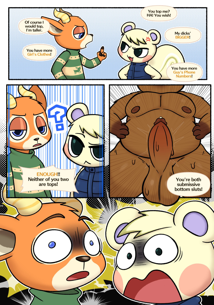 absurd_res animal_crossing anthro balls beau_(animal_crossing) belly big_balls bodily_fluids brown_body brown_fur canid canine deer english_text erection fur genital_fluids genitals group hi_res horn male male/male mammal marshal_(animal_crossing) nintendo orange_body orange_fur overweight penis precum raccoon_dog rodent sciurid tanuki text tom_nook_(animal_crossing) tree_squirrel trio white_body white_fur zlut385