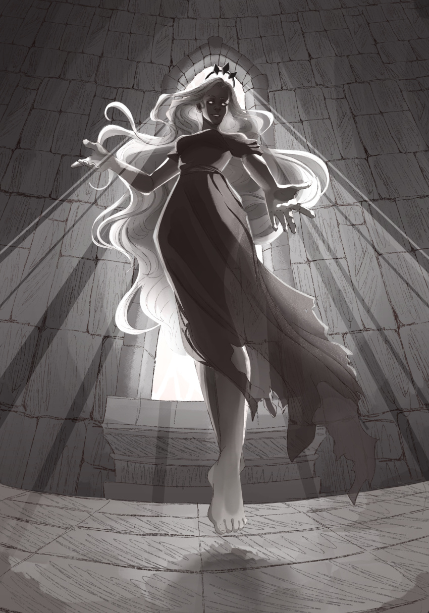 1girl absurdres assertive_female backlighting bare_shoulders barefoot beckoning breasts cleavage crown dress feet floating floating_hair full_body giant giantess glowing greyscale hand_up highres huge_breasts indoors large_breasts levitation long_hair looking_at_viewer looking_down monochrome outstretched_arm outstretched_hand princess princess_(slay_the_princess) reaching reaching_towards_viewer slay_the_princess smile solo stained_glass sunlight tall_female the_tower_(slay_the_princess) tiara toes very_long_hair window