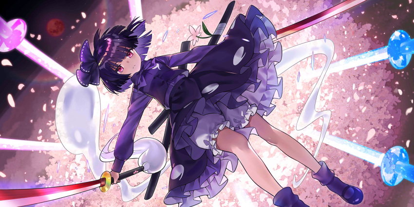 1girl alternate_color black_bow black_bowtie black_footwear black_skirt black_vest bloomers blunt_bangs bow bowtie cherry_blossoms closed_mouth dutch_angle expressionless foot_out_of_frame frilled_skirt frills hair_ribbon highres hitodama_print holding holding_sword holding_weapon katana konpaku_youmu konpaku_youmu_(ghost) konpaku_youmu_(mysterious_sword_master) long_sleeves looking_at_viewer mary_janes ninomotonino non-web_source official_art petals purple_eyes purple_shirt purple_socks ribbon sheath shirt shoes short_hair skirt socks solo split_mouth sword touhou touhou_lost_word underwear vest weapon