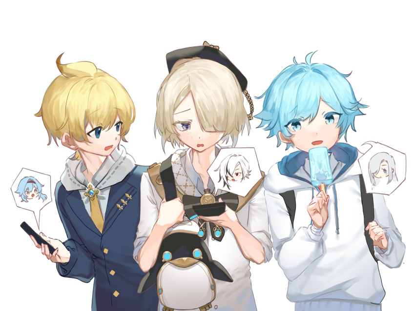 3boys 3girls ahoge alternate_costume animal_bag arlecchino_(genshin_impact) backpack bag beret black_bow black_bowtie black_hair black_hairband black_headwear blonde_hair blue_eyes blue_hair blue_jacket blunt_bangs bow bowtie buttons cellphone chongyun_(genshin_impact) collared_shirt colored_eyelashes commentary drawstring english_commentary eula_(genshin_impact) eyelashes food freckles freminet_(genshin_impact) genshin_impact hair_between_eyes hair_over_one_eye hairband hand_up hands_up hat highres holding holding_food holding_phone holding_popsicle hood hood_down hoodie jacket lapels long_sleeves looking_at_another looking_at_viewer looking_to_the_side male_focus mika_(genshin_impact) multicolored_hair multiple_boys multiple_girls necktie one_eye_covered open_mouth orenjineko14 parted_bangs pers_(genshin_impact) phone popsicle purple_eyes raised_eyebrows shenhe_(genshin_impact) shirt short_hair sidelocks simple_background sleeves_rolled_up smartphone speech_bubble spoken_character streaked_hair upper_body v-shaped_eyebrows wavy_mouth white_background white_hair white_hoodie white_shirt wing_collar yellow_necktie