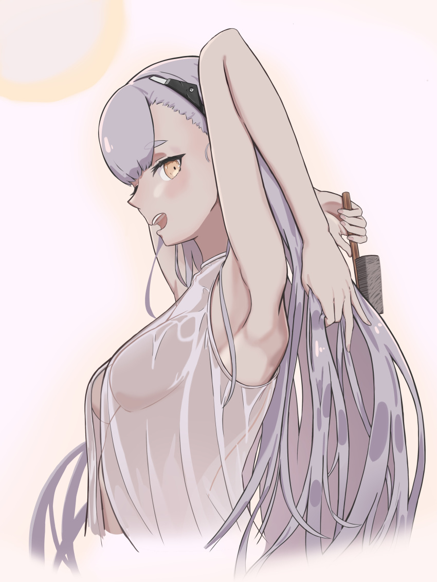 1girl absurdres ak-alfa_(girls'_frontline) armpits black_hairband breasts from_side girls'_frontline grey_hair hair_brush hairband highres holding holding_brush holding_own_hair long_hair looking_at_viewer looking_to_the_side manah_(artist) medium_breasts open_mouth shirt simple_background sleeveless upper_body wet wet_clothes wet_shirt yellow_eyes