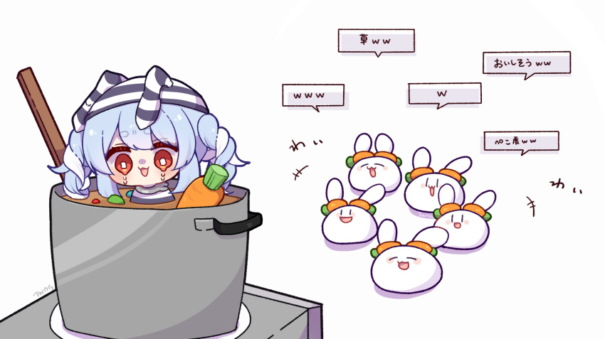 +++ 0725akaba 1girl :d animal_ears blue_hair blush braid carrot closed_eyes commentary_request cooking_pot crying crying_with_eyes_open fake_animal_ears highres hololive in_pot mini_person minigirl multicolored_hair nousagi_(usada_pekora) partially_submerged rabbit_ears red_eyes shirt simple_background smile stew striped striped_headwear striped_shirt tears translation_request twin_braids twintails two-tone_hair usada_pekora virtual_youtuber white_background white_hair |_|