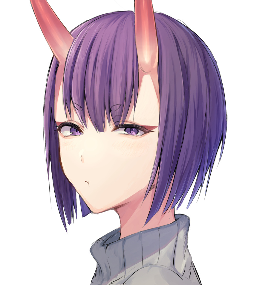 1girl absurdres closed_mouth commentary eyeliner fate/grand_order fate_(series) grey_sweater hair_between_eyes highres horns ichiya1115 light_blush looking_at_viewer makeup mole mole_on_neck oni oni_horns portrait pout purple_eyes purple_hair short_eyebrows short_hair shuten_douji_(fate) skin-covered_horns solo sweater white_background