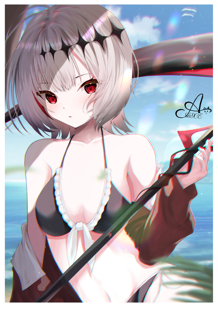 absurdres alisa_alice bikini black_bikini dtto. highres holding holding_scythe jacket multicolored_hair pale_skin red_eyes scarz scythe swimsuit utaite_(singer) virtual_youtuber white_hair