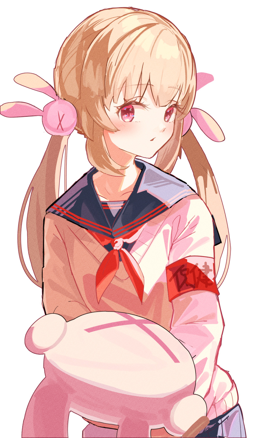 1girl :3 blue_sailor_collar blush_stickers commentary_request cropped_torso fang grey_background hair_ornament highres light_brown_hair long_hair low_twintails natori_sana neckerchief open_mouth rabbit_hair_ornament red_eyes red_neckerchief sailor_collar sana_channel school_uniform serafuku sidelocks simple_background solo tatara_(alnath_may) twintails upper_body virtual_youtuber