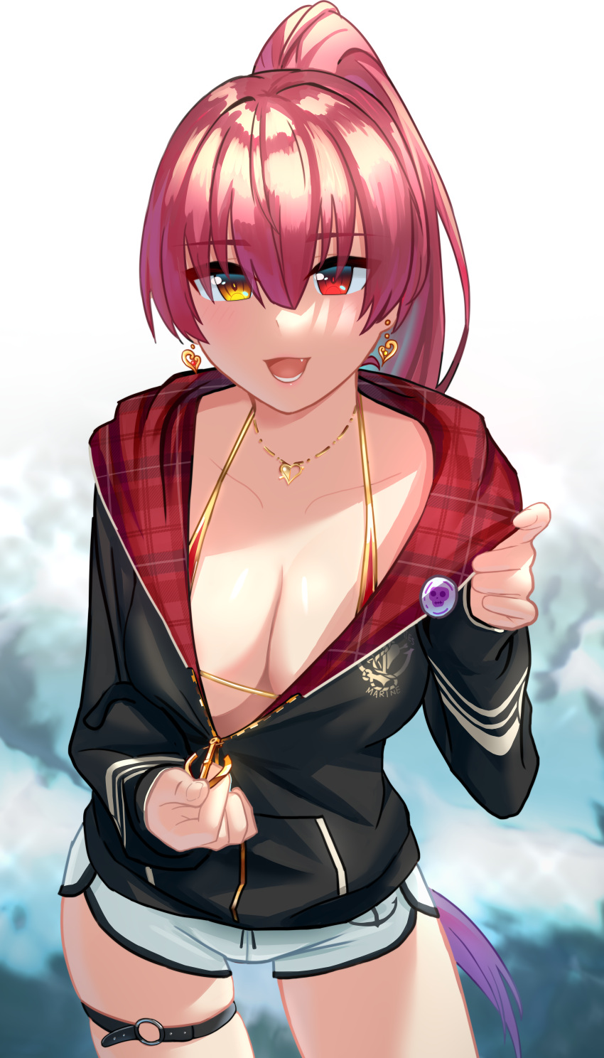 1girl absurdres alternate_costume anchor_symbol arrow_through_heart bikini bikini_under_clothes black_jacket blush breasts cleavage collarbone commentary_request contrapposto cowboy_shot dolphin_shorts earrings hair_between_eyes highres hololive houshou_marine jacket jewelry large_breasts long_hair looking_at_viewer mixed-language_commentary necklace open_mouth pink_hair ponytail red_eyes short_shorts shorts skindentation smile solo swimsuit thigh_strap toby000777 unzipped virtual_youtuber white_shorts yellow_eyes