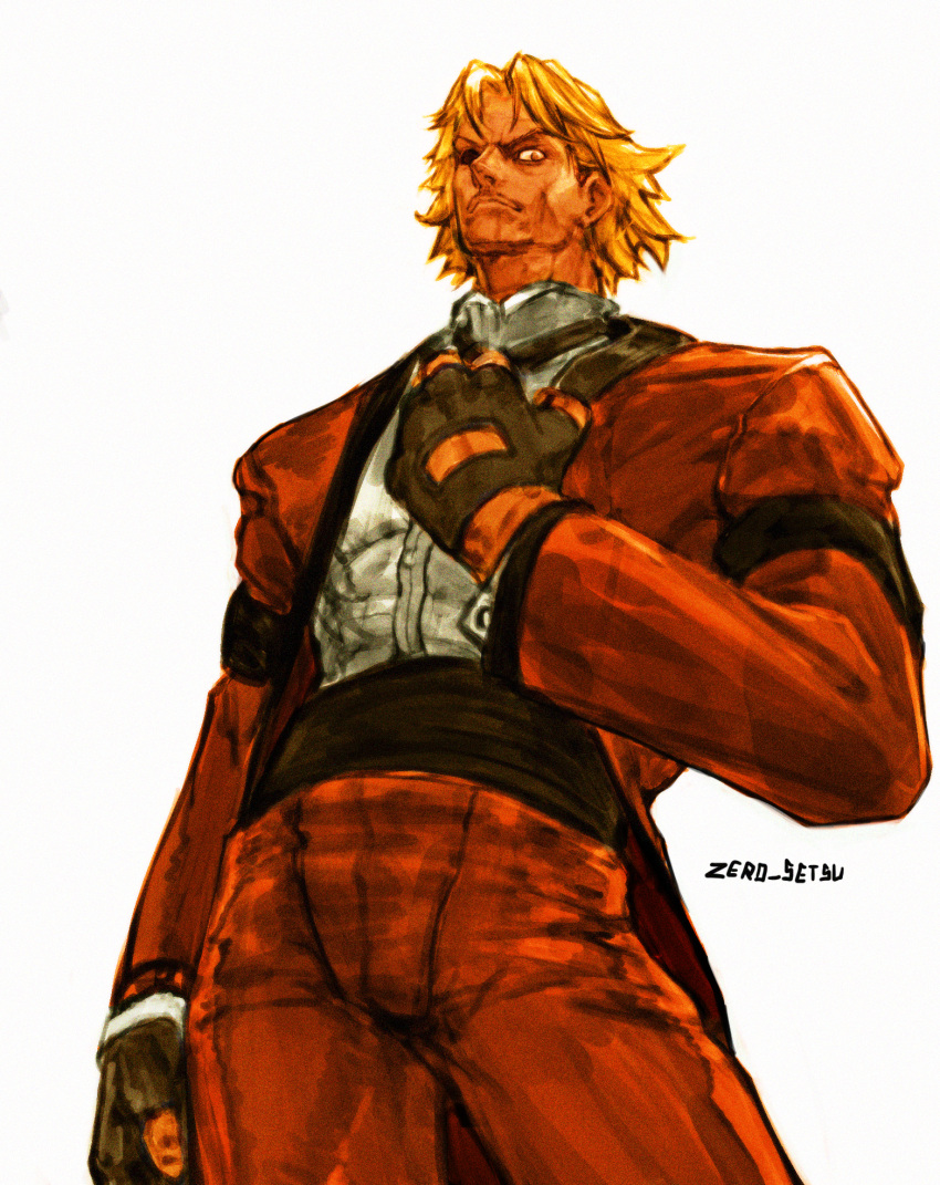 1boy artist_name blonde_hair clenched_hands facial_hair fingerless_gloves formal frown gloves hand_on_own_chest highres looking_at_viewer male_focus muscular muscular_male mustache nishimura_kinu_(style) red_suit rugal_bernstein serious setsuna_kasugano shirt short_hair solo standing suit the_king_of_fighters v-shaped_eyebrows white_background white_shirt