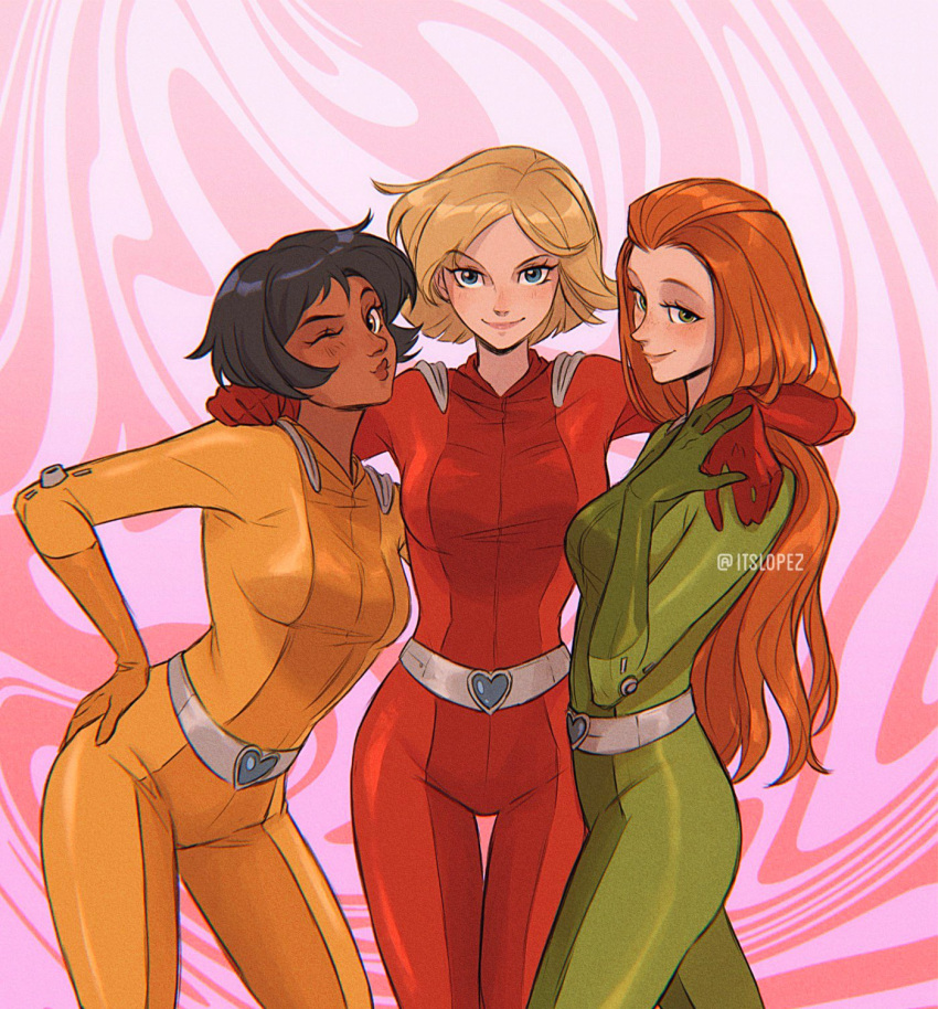 3girls alex_(totally_spies) animification belt black_hair blush bodysuit breasts brown_eyes clover_(totally_spies) dark-skinned_female dark_skin green_bodysuit green_eyes grey_belt hand_on_another's_shoulder hand_on_own_hip head_tilt highres itslopezz looking_at_viewer medium_breasts multiple_girls orange_hair puckered_lips red_bodysuit sam_(totally_spies) short_hair smile spanish_commentary totally_spies twitter_username yellow_bodysuit