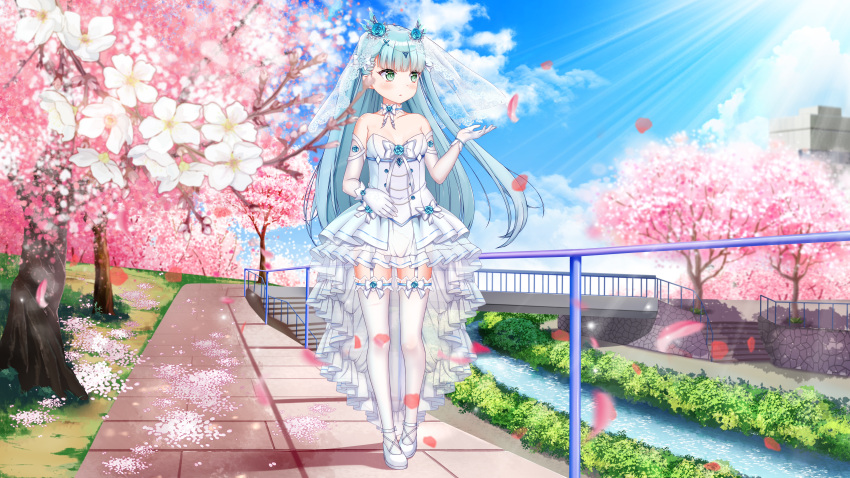 1girl absurdres aoki_hagane_no_arpeggio bare_shoulders blue_flower blue_hair blue_rose blue_sky blush bow bowtie bridge cherry_blossoms chinese_commentary choker cloud collarbone commentary_request day dress flower garter_straps gloves green_eyes hair_flower hair_ornament highres hug hug_from_behind iona long_hair looking_to_the_side outdoors outside_border petals railing rose scenery sky solo stairs standing strapless strapless_dress thighhighs thighs tree tsukiko_tsubame very_long_hair walkway water white_dress white_footwear white_gloves white_thighhighs zettai_ryouiki