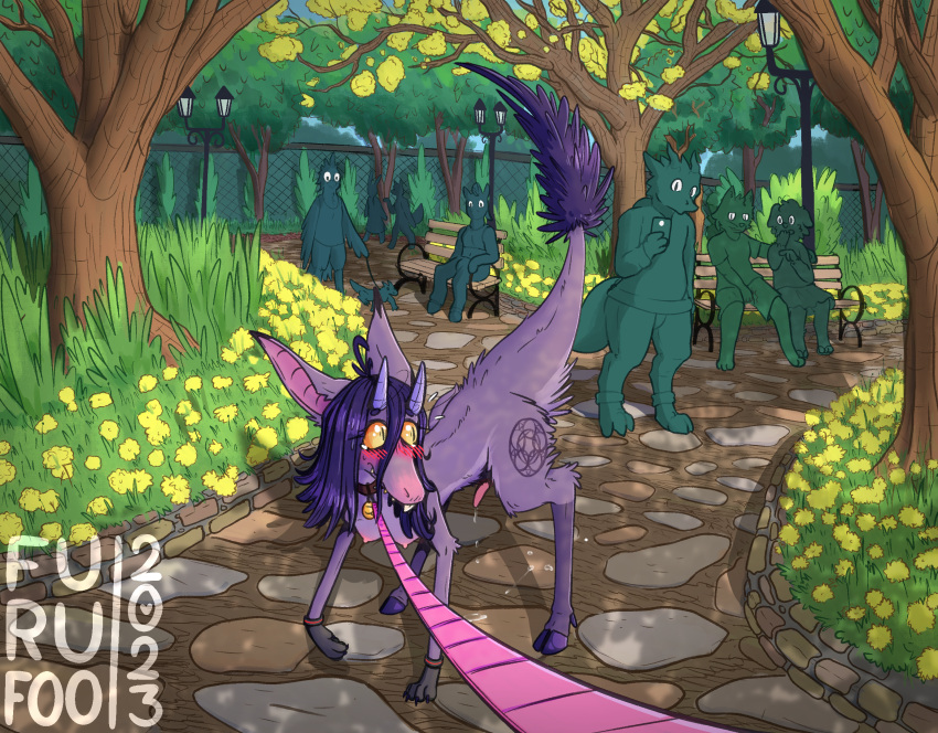 anthro avian bench bird blush bodily_fluids breasts canid canine canis collar cutie_mark dewclaw dialogue domestic_cat domestic_dog equid equine exhibitionism felid feline felis feral feral_prosthetic_limb flower fur furufoo garden genital_fluids genitals group gynomorph hasbro hi_res hooves horn horse intersex kobold lagomorph leaking_pre leash leporid lizard mammal my_little_pony out-of-placers park paws penis perspective petplay plant portal precum puppyplay purple_body purple_fur quadruped rabbit recording reptile roleplay scalie tattoo trans_(lore) trans_woman_(lore) tree walkies webcomic wolf yinglet